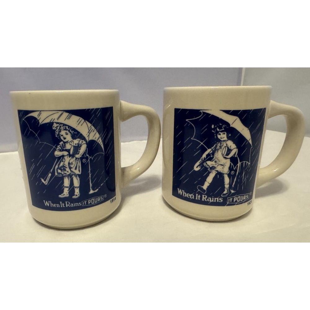 Vintage Morton‎ Salt When It Rains It Pours Set of 2 Coffee Mugs